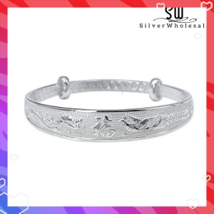 SilverWholesale Pure Silver Fortune Dragon & Phoenix Adjustable Bangle 福龙凤手镯 #BGC1148