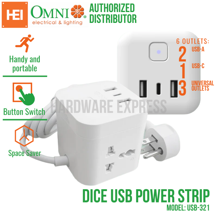 Omni Dice USB Power Strip W/ 6 Outlets Extension Cord USB-321 (USB-A,  USB-C, Universal Outlet)