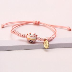 KECTTIO Ceramic Cat Pendant Maneki Neko Bracelet Hand Rope Handmade Women Hand Ring Unique Jewelry Accessories Red Braided Rope Lovers