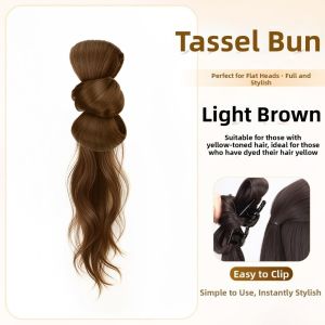 JON09 Synthetic Bow Bun Head Wig Fluffy Claw Clip Wavy Curly Ponytail Extensions Vintage Sweet Pony Tail Hair piece for Women