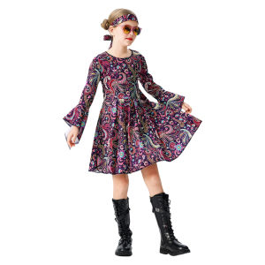 ชุดเดรส Sablon Bunga แขนบานสไตล์โบฮีเมียนเครื่องแต่งกายฮิปปี้ดิสโก้สำหรับเด็กอายุ5-12ปี70S สำหรับเด็ก