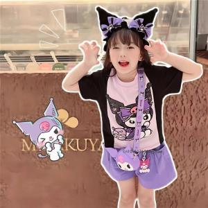 SHUNAICHI Anime Sanrios Kuromi Children T-Shirt Shorts Set Cartoon Kawaii Summer Girls Fashion Purple Print Short Sleeve Casual Clothes