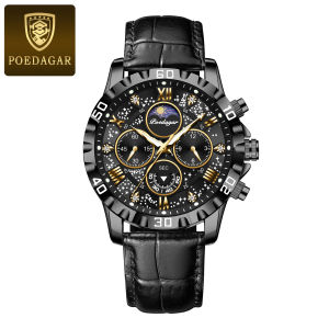 POEDAGAR Luxury Men Watches Multifunction Chronograph Sports Men Watch Leather Wristwatch Waterproof Luminous Man Clock Quartz Watch for Men