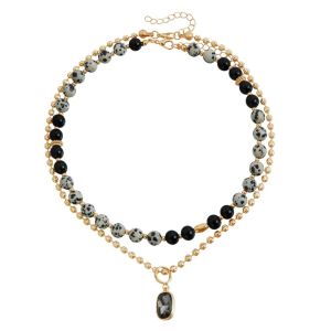 CHUN053634 Có thể điều chỉnh Dây chuyền zircon Hai lớp Chuỗi Bông tai zircon đen Mắt hổ Dây chuyền đá hạt Quà tặng