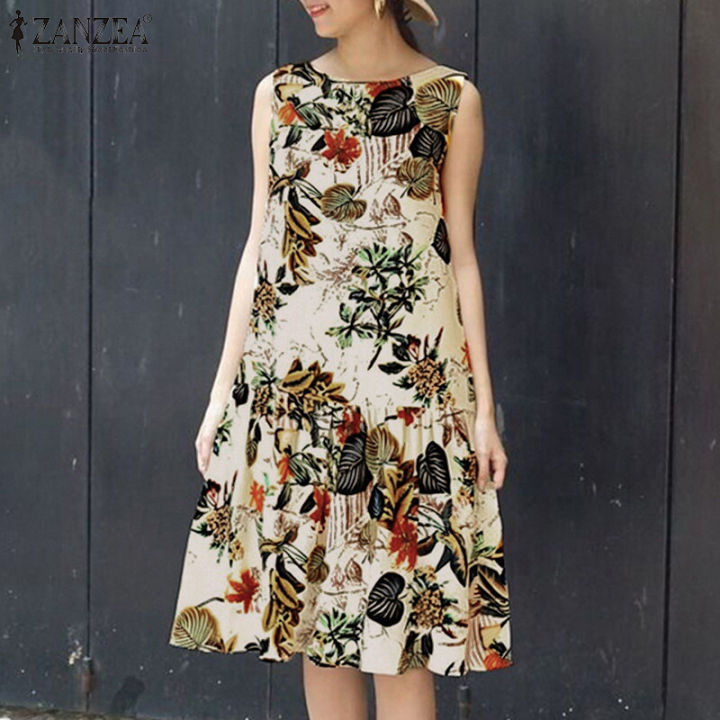 ZANZEA Women Summer Floral Print Dresses Crew Neck Sleeveless Knee Length Pleated  Dress #0421 | Lazada Singapore