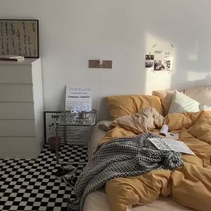 Solid Color Double Stitch Washed Cotton Simple Duvet Cover Single Piece Non-Fading Bed Sheet Four-Piece Set Dormitory Bedding Three-Piece Set LZD