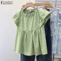 ZANZEA Women Summer Casual Crew Neck Blouses Cap Sleeve Plaid Printed Girlish Thin Top #0428. 