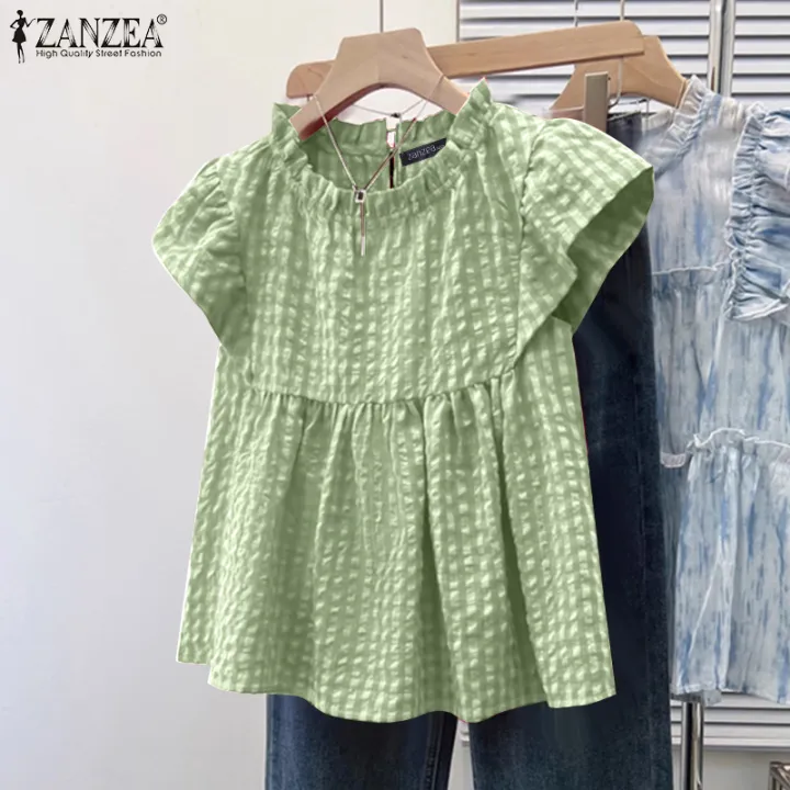 ZANZEA%20Women%20Summer%20Casual%20Crew%20Neck%20Blouses%20Cap%20Sleeve%20Plaid%20Printed%20Girlish%20Thin%20Top%20#0428%20-%20Image%205