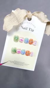 100% HANDMADE Short Round Fake Nail With Glue Short Candy Color Cartoon Frog丨Rabbit丨Bear Acrylic Press on Artificial Fake nails Reusable and Removable Nails