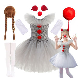 Girls Halloween Gray Joker Costume Hand Woven Tutu Dress Creepy Clown Kids Carnival Party Cosplay Clothing Children Tulle Dress