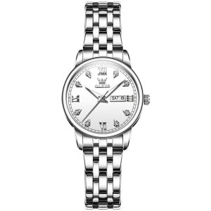 OLEVS 5525 Quartz Women Casual Watch Gift Alloy Watchband Round-dial Wristwatch Week Display Calendar