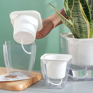 White Plastic Self Watering Planters Translucent Automatic-Watering Plant Flower Pot Planter for Indoor PlantsAfrican Violets Succulents Orchid Herb