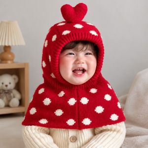 DOWNA Dày hơn Mũ trùm đầu kèm khăn choàng cho trẻ nhỏ Chống gió. Ấm áp Mũ len màu đỏ dành cho mùa đông. Thời trang Tích hợp Mũ len có quả bông giữ ấm cho bé 1-3 tuổi