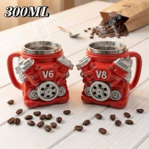 LUMIQLO Retro Engine Coffee Mug with Handle Double Wall Insulation Car Mug Personalized 300ML 15oz V6 Engines Stainless Steel Cup Gifts for Men and Boys