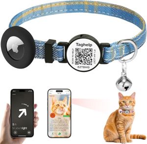 Grid Cloth Breakaway Cat Collar with QR Code Smart ID tag with AirTag Holder and Bell Light AdjustableAirTag Integrated Air Tag Cat Collar for Apple.Tracker for Girl Boy Cats Kittens (Pink)