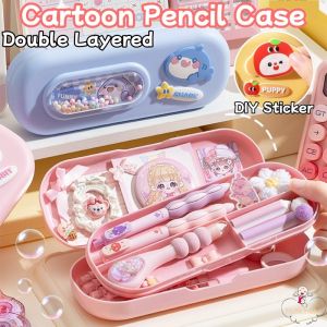 Cartoon Double Layer Pencil Case for Kids Large Capacity Stationery Holder with DIY Cute Decoration
