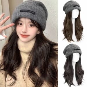 STARGOODS Thu Đông Mũ Beanie với tóc giả Ấm áp Phong cách Hàn Quốc Tóc Giả mũ dệt kim Nối tóc Tổng hợp Tóc Giả mũ lượn sóng dài Phụ nữ