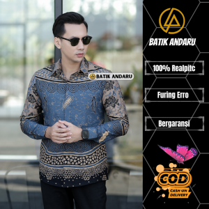 Batik Andaru Kemeja Batik Pria Lengan Panjang Modern Elegant Bahan Katun Premium Lapis Furing Warna Biru Denim