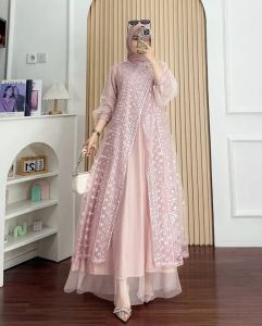 Keyla Dress Outer Tille Mix Brukat Payet Gaun Lebaran 2025 Mewah Dress Wanita Kondangan Kekinian