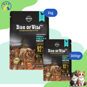 Makanan kucing kering Bite Of Wild bebas biji bijian dengan toping salmon ayam dan daging mentah