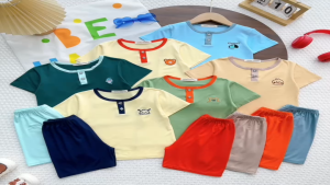 KIM123 Bộ ngắn tay viền cổ trụ nút hình thêu (10-26kg) Minky Mom vải thun lạnh mềm mịn màu sắc tươi tắn cho bé