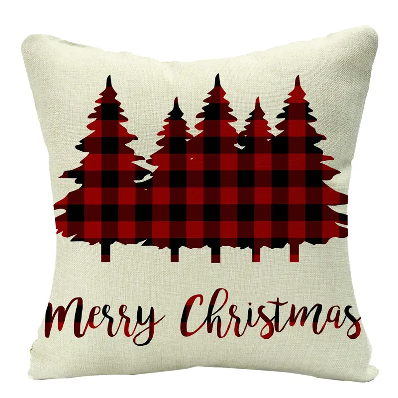 Linen Red Scottish Plaid Christmas Cushions Case Reindeer Trees