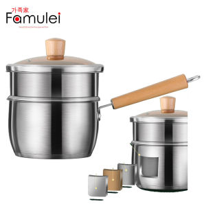 Famulei Premium Multi Function 304 Stainless Steel Steamed Milk Pot With Wooden Handle Steamer 18cm