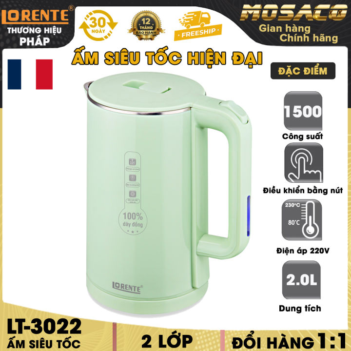 Ấm Siêu Tốc Lorente LT-3022 1500W, dung tích 2L Bình đun nước Thời gian ...