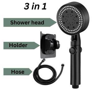 3in1 Shower Head With Hose Holder Set 5 modes Black Universal High Pressure Bathroom Shower Sprayer