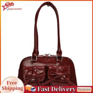 [Ueb]Women Fashion Shoulder Bag Double Pockets PU Leather Casual Armpit Bag with Bow Daily Commuting Bag for Travel Vacation