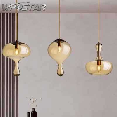 Modern Vintage Glass Pendant Lamp Bedside Hanging lamps Simple Restaurant lighting Electroplated Gold Amber Glass Droplight for Kitchen Bedroom Decor