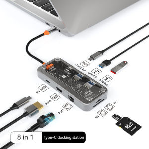 Type-C Hub Converter Docking Station 8 IN 1 Multi-function Converter 100Mbps Ethernet RJ45 USB 3.0 2.0 PD Fast Charging SD & TF Card Reader Hundred Megabit Ethernet Fast Data Transfer