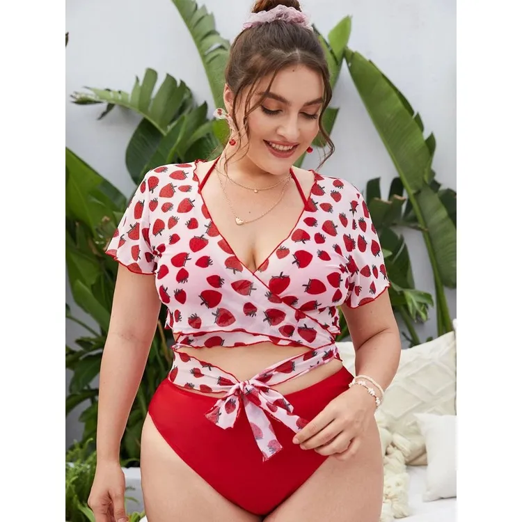 Plus Size Women Swimsuit 3 Piece Sets 2022 New Fashion Strawberry