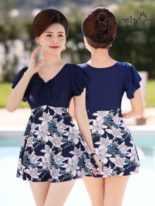 Váy đầm bơi trung niên liền thân kín đáo Queeenbe GLSWIM047 vair thun Lycra cao cấp ít thấm hút nhanh khô kèm quần đùi rời áo có mút độn ngực