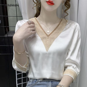 AMMIN Tops 2021 summer new embroidery crochet hollow lace stitching V-neck pullover elegant temperament chiffon shirt womens simple color matching loose short-sleeved sweet beauty blouse