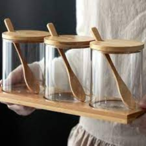 Botol Bumbu Kaca Bambu Gaya Jepang 3 Pcs