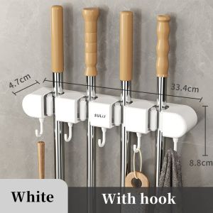 ABS Mop Holder Broom Hanger Wall Mounted 4 Position Brush Support Broomstick Hook Storage Rack Bathroom Organizer