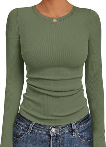 Ekouaer  Womens Long Sleeve Shirt Round Neck Elastic Slim Fit Ribbed Top Basic Soft Warm Undershirt  T  Shirt