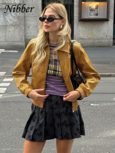 38Nibber Faux Leather Crop Jacket Women Full Sleeve Pocket Zip Cal Basic Hipster Wild Streetwear Cal Cool Autumn Trend Coats
