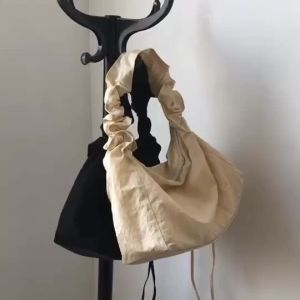 AE Womens canvas bag Korean style single shoulder pleated drawstring canvas bag fresh and artistic solid color hand-held crossbody casual womens bag