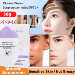 Losion Tabir Surya SPF50+ Tabir Surya Pemutih 3-in-1 50g. Tabir surya ini menawarkan perlindungan UV tidak lengket tahan air dan memberikan efek ganda memutihkan dan melembapkan. Cocok untuk kulit sensitif berminyak dan kering. Produk ini juga dil