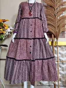 Alnaya gamis maxi katun linen susun rempel full kancing / maxi dress katun susun
