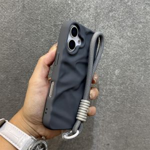Fashion Silicone Wrinkle Phone Case For iPhone 16 14 13 12 11 15 Pro Max Soft Candy Color Wrist Strap Hand Chain Armor Cover