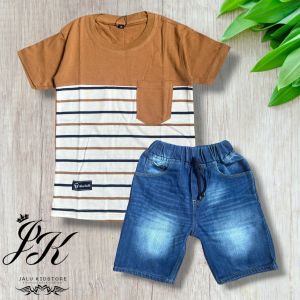 Setelan Baju Anak Laki-Laki Kaos Stripe Salur Garis + Celana Denim Pendek | Outfit Kasual Anak Keren