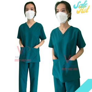 Bộ Scrubs Phẫu Thuật Nam Nữ Xanh Lông Công Bộ Quần Áo Phòng Mổ Y Tá Vải Cotton Cao Cấp Mịn Thoáng Mát - Hình thật