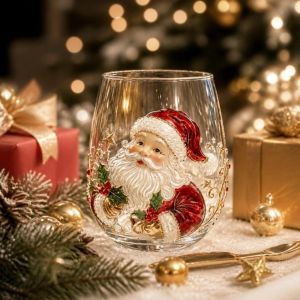 GEANAN Santa Claus Christmas Wine Glass 3D Embossed Reindeer Clear Stemmed Cup New Year Party Decorative Xmas Glass Cup Holiday Table Decor