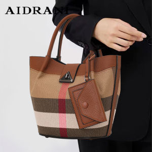 Aidrani  Genuine leather canvas bag plaid pattern womens handbag  fashion design cowhide bag basket shaped brown color