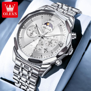 OLEVS Watch Men Original Waterproof Brand Stainless Steel Strap Business Fashion Luminous Calendar Chronograph Mens Watch