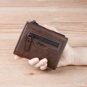 #H9116 Slim Mens Short Wallet Retro PU Leather MUlti-Card Holder Dual Zipper Coin Pocket Casual Male Purse