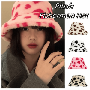 NOVELLEO Faux Fur Plush Fisherman Hat Fluffy Thicken Love Heart Bucket Hat Casual Korean Style Winter Plush Hat Ladies